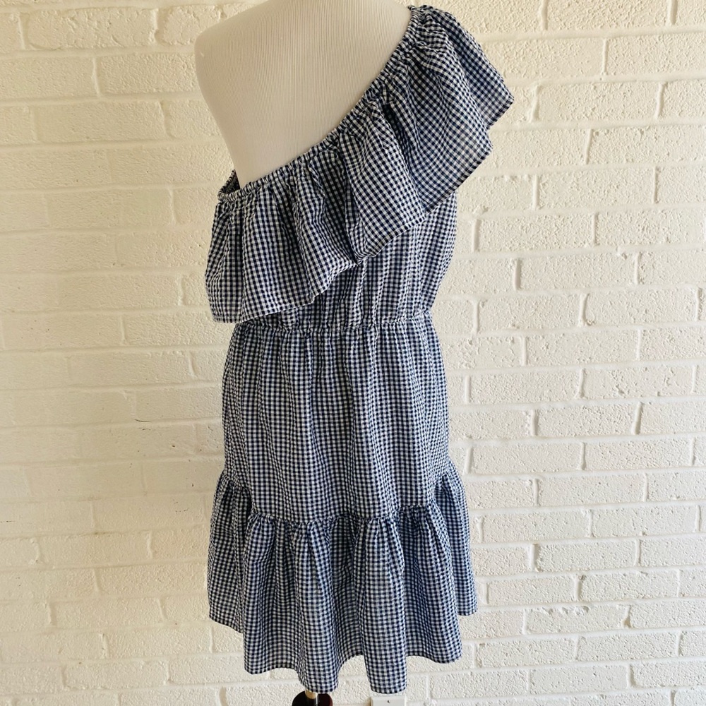 MINKPINK GINGHAM DRESS SUMMER LARGE ONE SHOULDER RUFFLE MINI WANDERER BLUE WHITE - Picture 5 of 15
